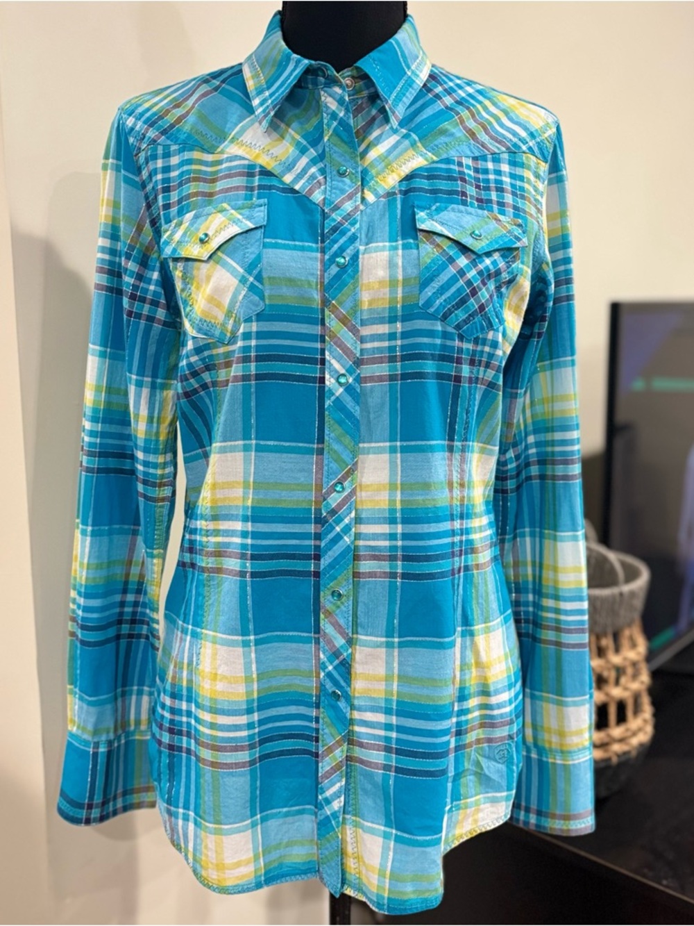 ARIAT Fitted Blue Plaid Metallic Cowgirl Western Button Down Shirt M